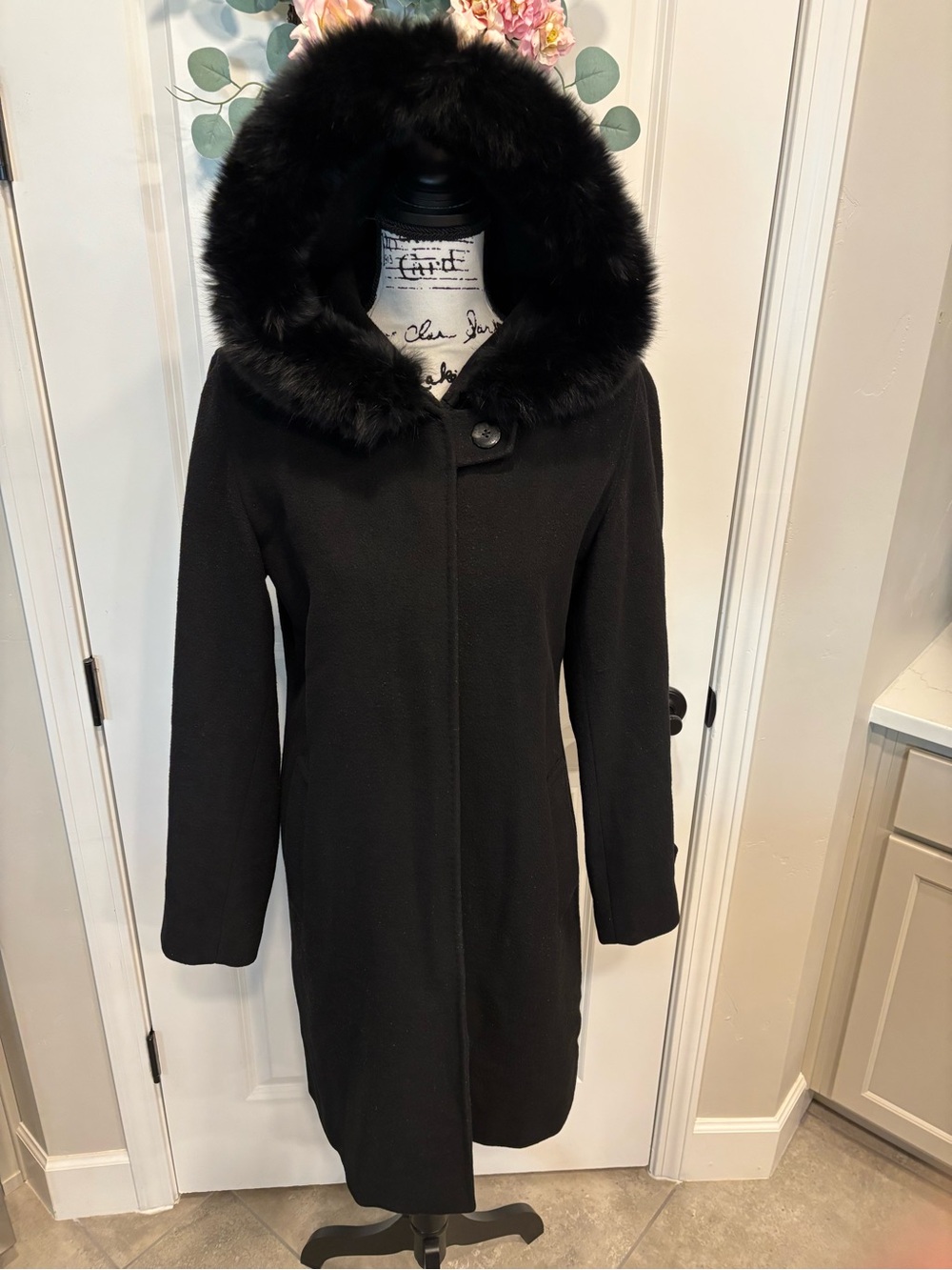 Ellen Tracy Hooded Wool Blend Coat Genuine Fox Fur Trim Black Size 8